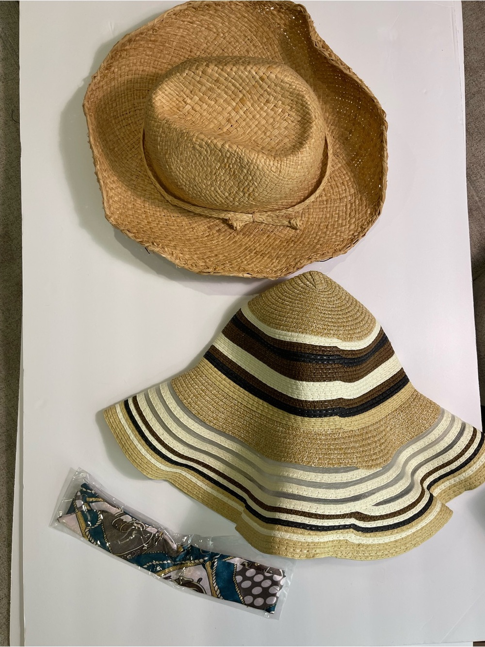 Women’s Wide Brim Straw Sun Hat with Brown & Cream Stripes
